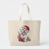 Bloemen Feestelijke Maltese Hond met Santa Hoed Xm Grote Tote Bag (Achterkant)