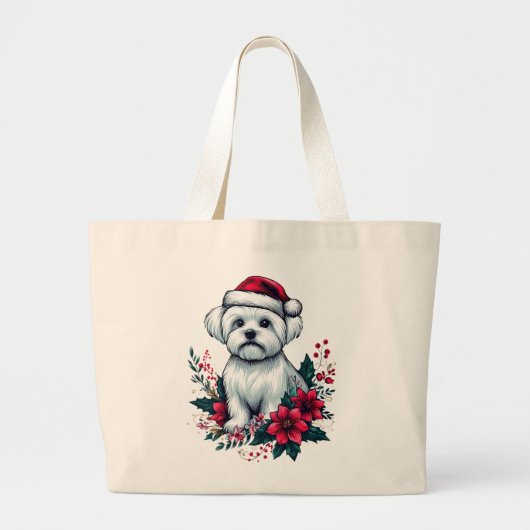 Bloemen Feestelijke Maltese Hond met Santa Hoed Xm Grote Tote Bag (Voorkant)