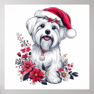 Bloemen Feestelijke Maltese Hond met Santa Hoed Xm Poster