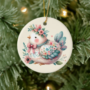 Bloemen Folk Vogel met Pastel Boho Charm Keramisch Ornament