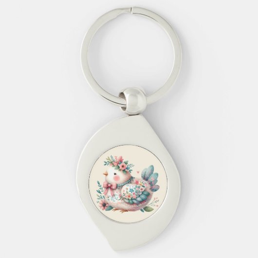 Bloemen Folk Vogel met Pastel Boho Charm Sleutelhanger (Voorkant)