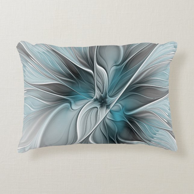 Bloemen Fractal Modern Abstract Bloemblauw Grijs Accent Kussen (Voorkant)