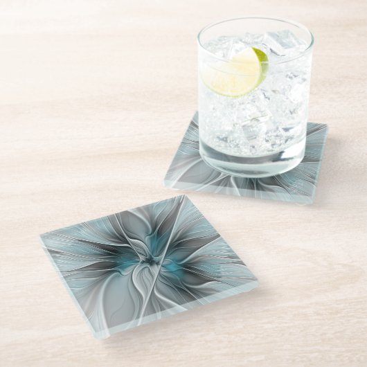 Bloemen Fractal Modern Abstract Bloemblauw Grijs Glazen Onderzetter (Schuin)