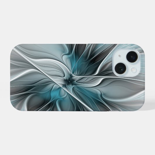 Bloemen Fractal Modern Abstract Bloemblauw Grijs iPhone 15 Hoesje (Achterkant horizontaal)