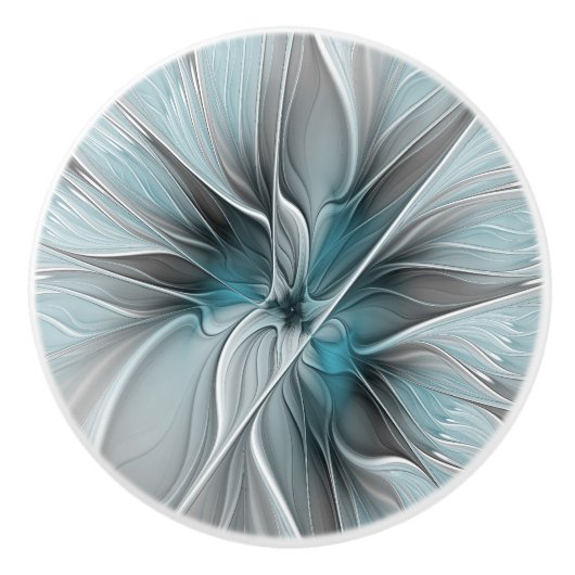 Bloemen Fractal Modern Abstract Bloemblauw Grijs Keramische Knop (Voorkant)
