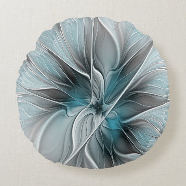 Bloemen Fractal Modern Abstract Bloemblauw Grijs Rond Kussen (Voorkant)