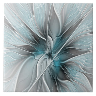 Bloemen Fractal Modern Abstract Bloemblauw Grijs Tegeltje