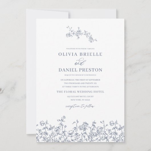 Bloemen Frans  QR Code Dusty Blue Wedding Kaart (Voorkant)