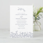 Bloemen Frans QR Code Dusty Blue Wedding Kaart (Staand voorkant)