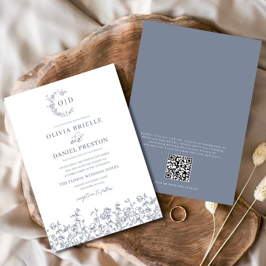 Bloemen Frans  QR Code Dusty Blue Wedding Kaart