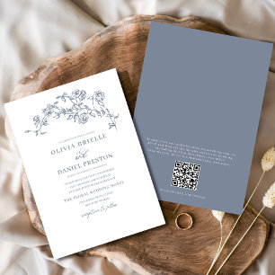 Bloemen Frans QR Code Dusty Blue Wedding Kaart