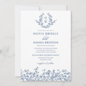 Bloemen Frans QR Code Navy Blue Wedding Kaart (Voorkant)