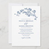 Bloemen Frans QR Code Navy Blue Wedding Kaart (Voorkant)