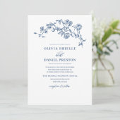 Bloemen Frans QR Code Navy Blue Wedding Kaart (Staand voorkant)