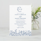 Bloemen Frans  QR Code Navy Blue Wedding Kaart (Staand voorkant)