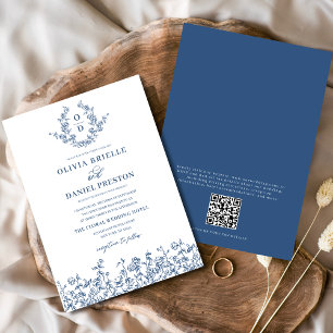 Bloemen Frans  QR Code Navy Blue Wedding Kaart