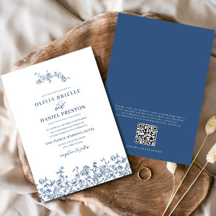 Bloemen Frans  QR Code Navy Blue Wedding Kaart