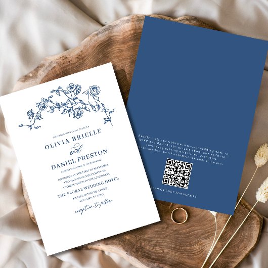 Bloemen Frans QR Code Navy Blue Wedding Kaart