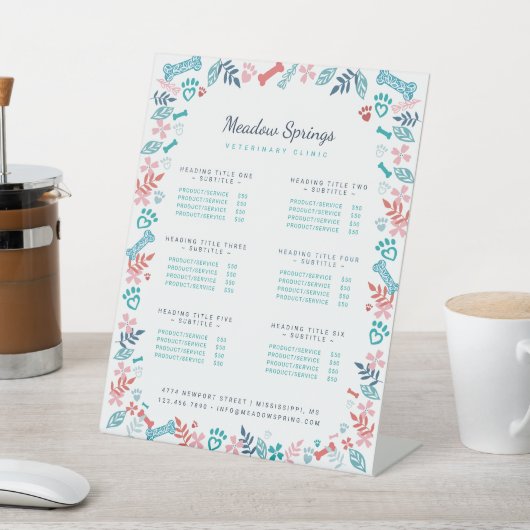 Bloemen & gebladerte Pet Paw Print Patroon Wit Reclamebord Met Voetstuk (Insitu)