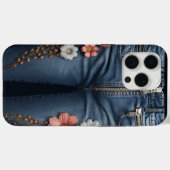 Bloemen geborduurde denim look Case-Mate iPhone case (Achterkant (horizontaal))