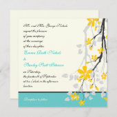 Bloemen geel turquoise bruiloft uitnodiging (Voorkant / Achterkant)