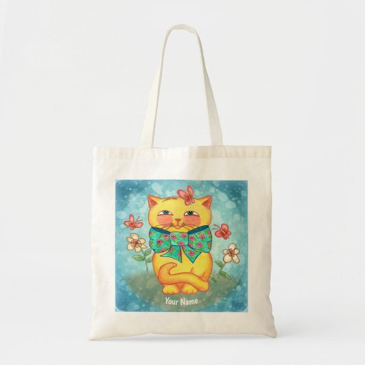 Bloemen gele kat tote bag (Voorkant)