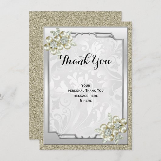 Bloemen Gem Zilver ingelijst, Goud & Zilveren Brui Bedankkaart (Voorkant / Achterkant)