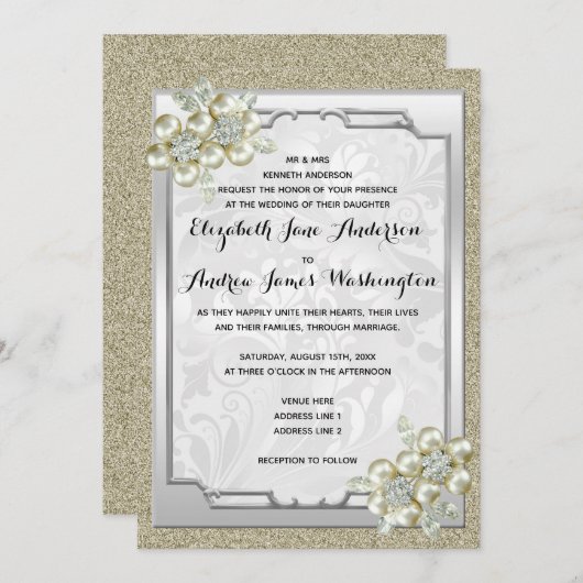 Bloemen Gem Zilver ingelijst, Goud & Zilveren Brui Kaart (Voorkant / Achterkant)