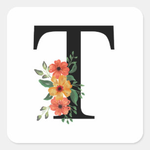 Bloemen gepersonaliseerd monogram vierkante sticker