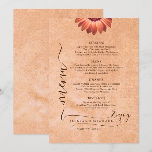 Bloemen Gerbera op Abstracte perzik bruiloft Menu (Voorkant / Achterkant)