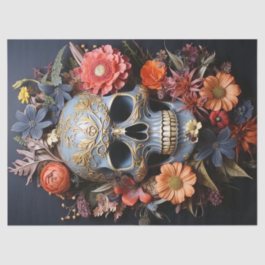Bloemen getextureerde schedel in blauw Decoupage Tissuepapier (Voorkant)