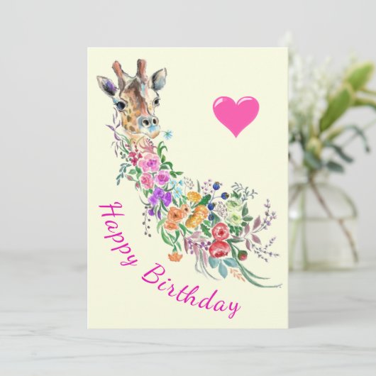 Bloemen Giraffe Verjaardag Kaart Waterverf (Staand voorkant)
