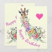 Bloemen Giraffe Verjaardag Kaart Waterverf (Voorkant / Achterkant)