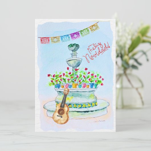 Bloemen Gitaar Waterverf Feliz Navidad Kerst Kaart (Staand voorkant)