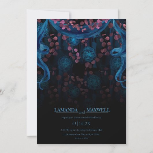 Bloemen Gotisch Blauw Roze Huwelijk Handfasting Kaart (Voorkant)