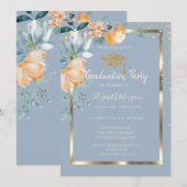 Bloemen Goud Afstudeerder Pet Stoffig Blauw Afstud Kaart (Voorkant / Achterkant)