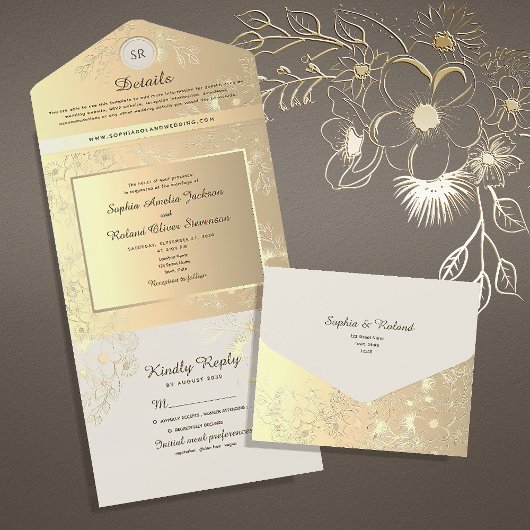 Bloemen Goud Bruiloft All In One Uitnodiging