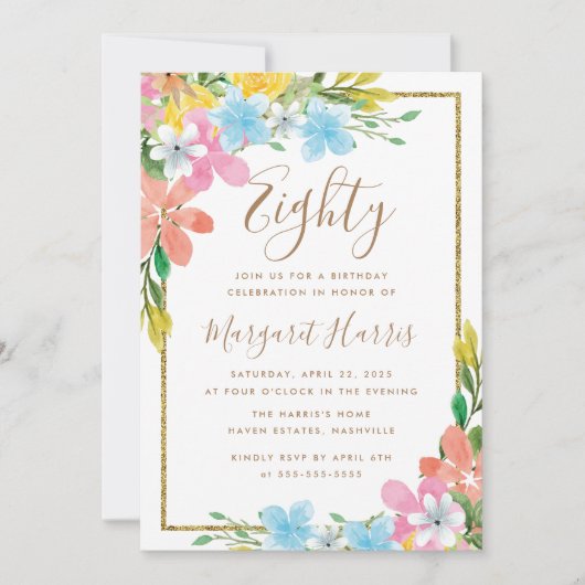 Bloemen Goud Glitter Border 80e Tachtig Verjaardag Kaart (Voorkant)