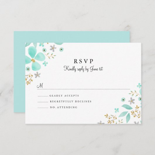 Bloemen Goud Mint Blad Bruiloft RSVP (Voorkant / Achterkant)