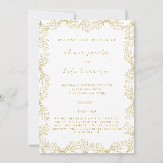 Bloemen Goud Wit Voor & Achterbruiloft Kaart (Voorkant)