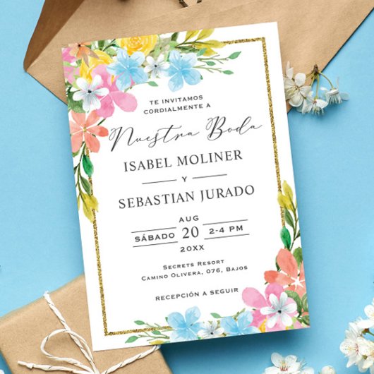 Bloemen Gouden Rand Nuestra Boda Spaanse Bruiloft Kaart