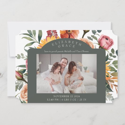 Bloemen Grens Landschap Foto Geboorteaankondiging Kaart (Voorkant)