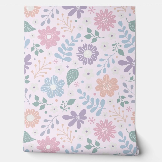 Bloemen grillige schattige kinder pastelkleur behang (Afrollen)