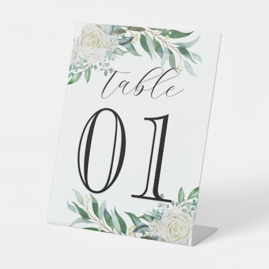 Bloemen, groen, aangepaste nummer, bruiloft, café reclamebord met voetstuk (Voorkant)