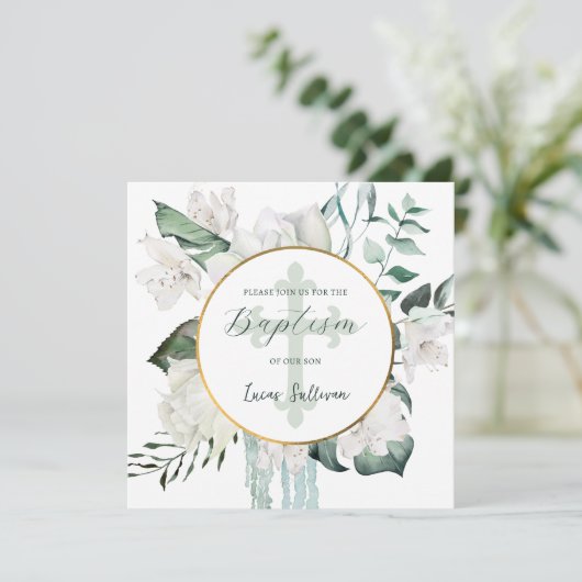 Bloemen groen cirkel doop uitnodiging (Staand voorkant)