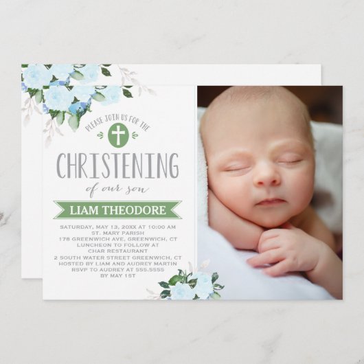 Bloemen groen | doopuitnodiging kaart (Voorkant / Achterkant)