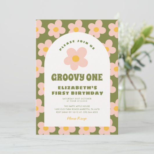 Bloemen Groen roze Groovy Een Baby Eerste Verjaard Kaart (Staand voorkant)