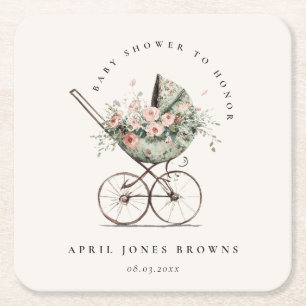 Bloemen Groene Blush wandelwagen Baby shower Vierkante Kartonnen Onderzetter