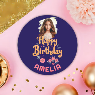 Bloemen Happy Birthday Handlettering Foto Ronde Sticker