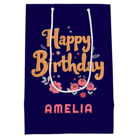 Bloemen Happy Birthday Handlettering Medium Cadeauzakje (Achterkant)